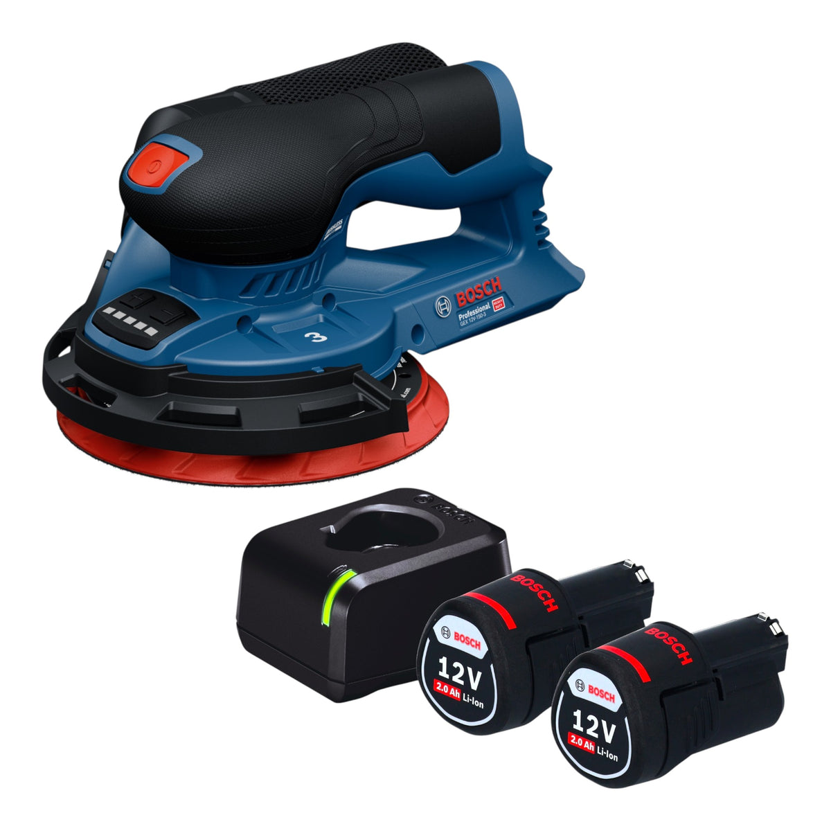 Bosch GEX 12V-150-3 Professional Akku Exzenterschleifer 12 V 150 mm Brushless + 2x Akku 2,0 Ah + Ladegerät