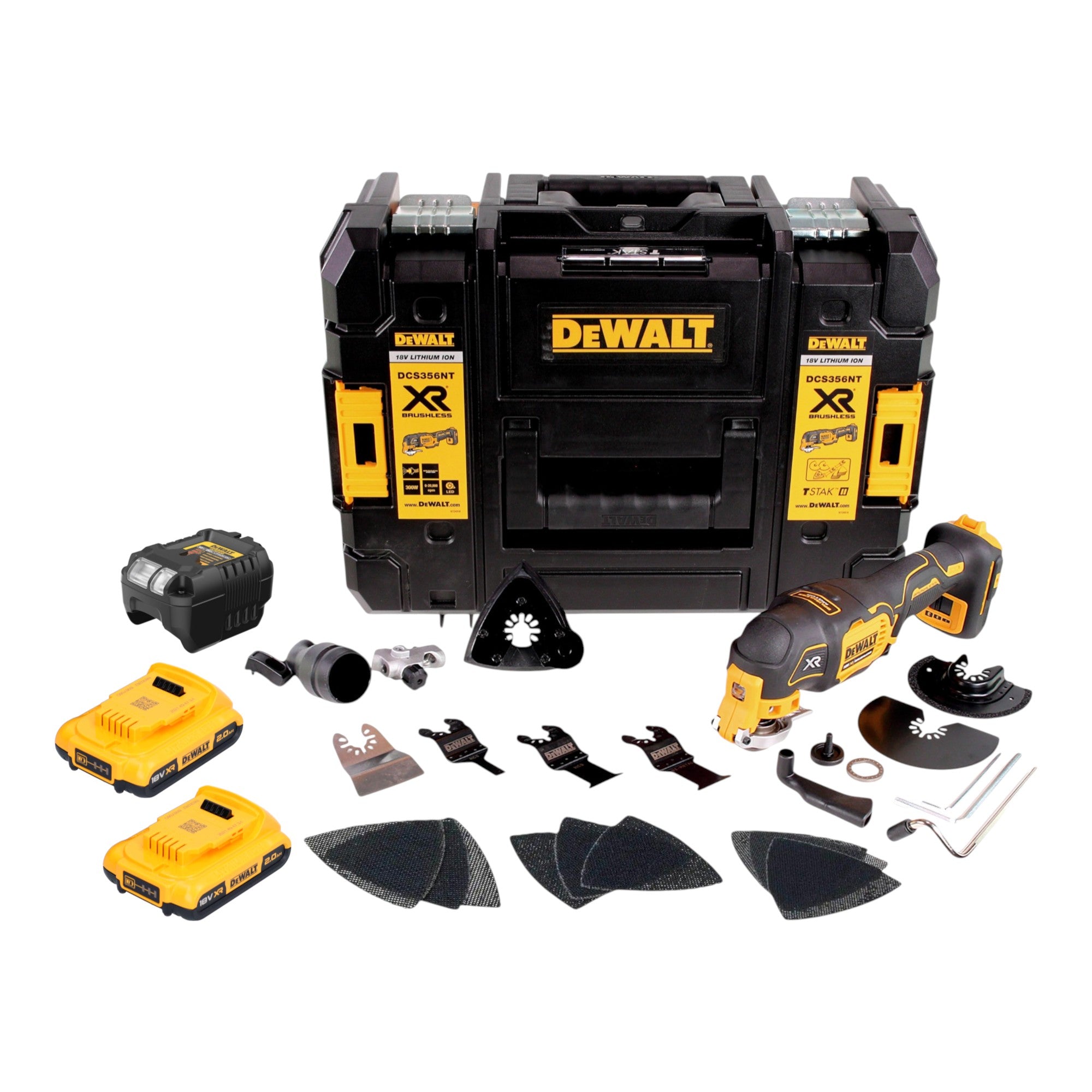 DeWalt DCS 356 D2T Akku Multitool 18 V Brushless 2x Akku 2 0 Ah Ladegeraet 20 tlg Zubehoer TSTAK 0 - toolbrothers