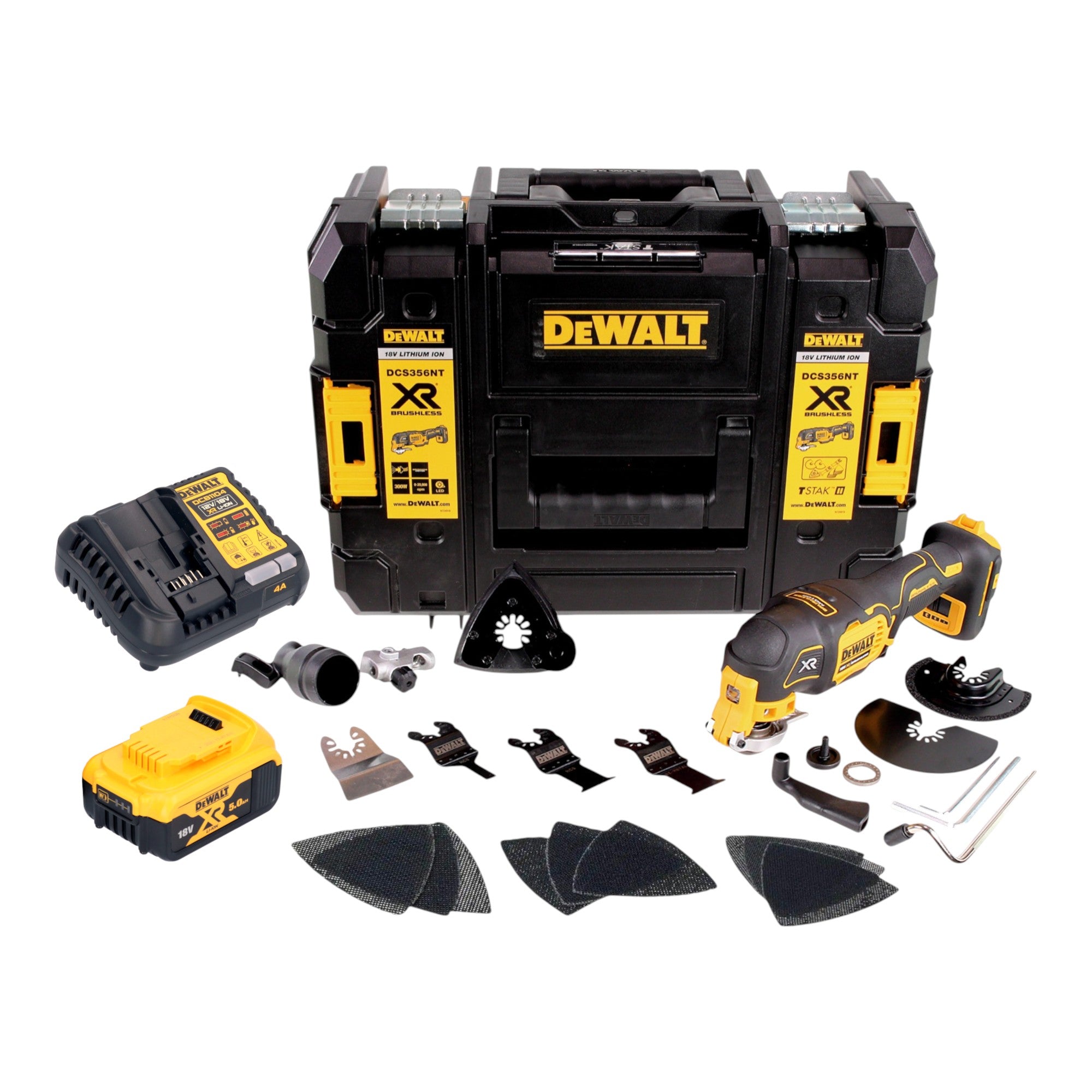DeWalt DCS 356 P1T Akku Multitool 18 V Brushless 1x Akku 5 0 Ah Ladegeraet 20 tlg Zubehoer TSTAK 0 - toolbrothers