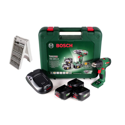 Bosch Heimwerker PSR 1800 Li-2 3X 18 V Akku Bohrschrauber + 25tlg. Bit Bohrer Set + 3 x Akku 1,5Ah + Ladegerät + Koffer - Toolbrothers