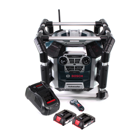 Bosch GML 50 cargador de radio de batería radio de obra 18V 50W IP54 + 2x baterías 2.0Ah + cargador