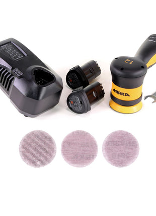 Mirka AROP-B 312NV 77mm Exzenterschleifer Poliermaschine Hub 12mm 10,8V Brushless ( 8991012311 ) + 2x Akku 2,5Ah + Ladegerät + 150x ABRANET Schleifscheiben