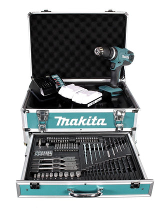 Makita HP 457 DWEX4 Akku Schlagbohrschrauber 18V 42Nm G-Serie + 2x Akku 1,5Ah + Ladegerät + 70 tlg. Bit Bohrer Set + Koffer