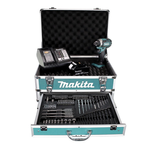 Llave de impacto a batería Makita DTD 152 STX4 18V 165Nm 1/4" + 1x batería 5.0Ah + cargador + set brocas 70 piezas + estuche