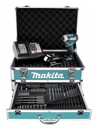 Makita DTD 171 SMX4 clé à chocs sans fil 18 V 180 Nm 1/4" sans balais + 1 batterie 4,0 Ah + chargeur + jeu de 70 forets + mallette