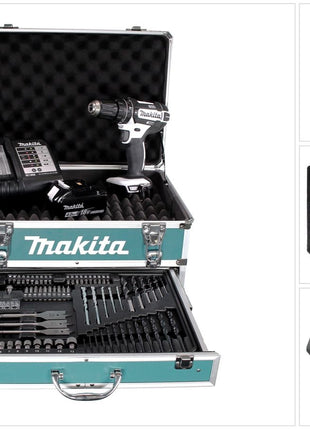 Taladro percutor inalámbrico Makita DHP 482 W SMX4 18 V 62 Nm + 1x batería 4,0Ah + cargador + 70 piezas. Juego de brocas + estuche