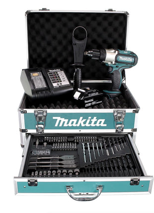 Taladro atornillador inalámbrico Makita DDF 451 SMX4 18 V 80 Nm + 1x batería 4,0 Ah + cargador + 70 piezas. Juego de brocas + estuche