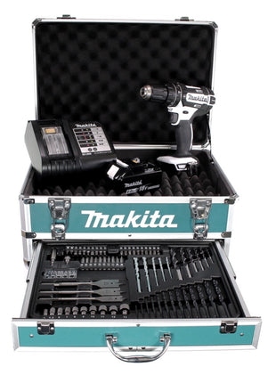 Taladro percutor inalámbrico Makita DHP 482 W SGX4 18 V 62Nm + 1x batería 6,0Ah + cargador + 70 piezas. Juego de brocas + estuche