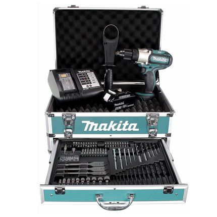 Makita DDF 451 SGX4 Akku Bohrschrauber 18V 80Nm + 1x Akku 6,0Ah + Ladegerät + 70tlg. Bit Bohrer Set + Koffer