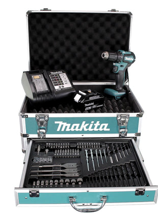 Makita DDF 483 SMX4 perceuse-visseuse sans fil 18 V 40 Nm sans balais + 1x batterie 4,0 Ah + chargeur + 70 pièces. Coffret forets + coffret