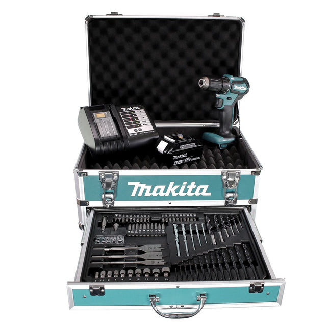 Makita DDF 483 SMX4 Akku Bohrschrauber 18V 40Nm Brushless + 1x Akku 4,0Ah + Ladegerät + 70tlg. Bit Bohrer Set + Koffer
