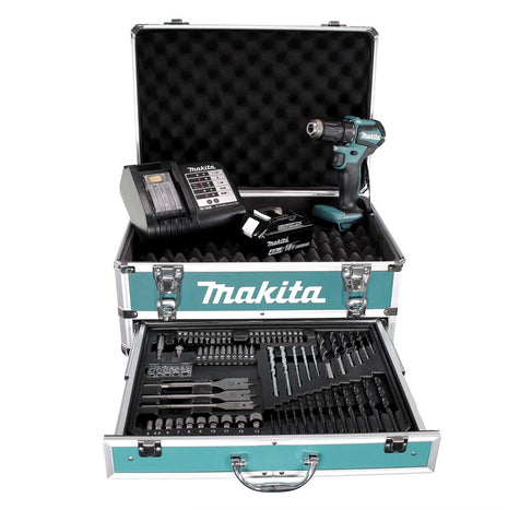 Makita DDF 483 SMX4 perceuse-visseuse sans fil 18 V 40 Nm sans balais + 1x batterie 4,0 Ah + chargeur + 70 pièces. Coffret forets + coffret