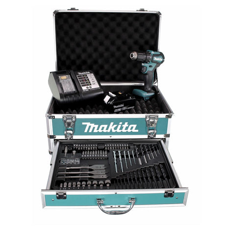 Makita DDF 483 STX4 Akku Bohrschrauber 18 V 40Nm Brushless + 1x Akku 5,0Ah + Ladegerät + 70tlg. Bit Bohrer Set + Koffer