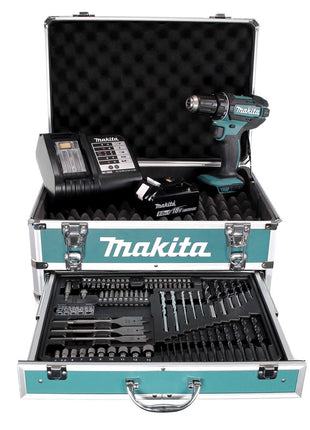 Makita DDF 482 STX4 Akku Bohrschrauber 18V 62Nm + 1x Akku 5,0Ah + Ladegerät + 70tlg. Bit Bohrer Set + Koffer