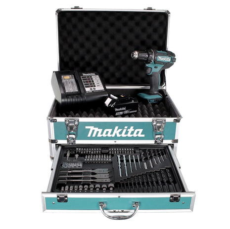 Perceuse-visseuse sans fil Makita DDF 482 STX4 18 V 62Nm + 1x batterie 5,0Ah + chargeur + 70 pièces. Coffret forets + coffret