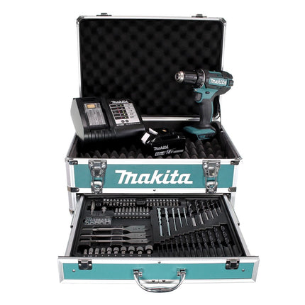 Taladro atornillador inalámbrico Makita DDF 482 SGX4 18 V 62 Nm + 1x batería 6,0 Ah + cargador + 70 piezas. Juego de brocas + estuche