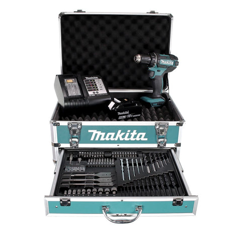 Makita DDF 482 SGX4 Akku Bohrschrauber 18V 62Nm + 1x Akku 6,0Ah + Ladegerät + 70tlg. Bit Bohrer Set + Koffer