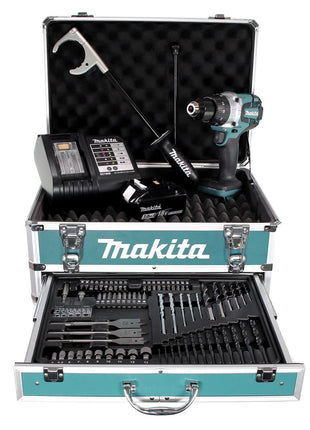 Taladro percutor inalámbrico Makita DHP 481 SFX4 18 V 115Nm + 1x batería 3,0Ah + cargador + 70 piezas. Juego de brocas + estuche