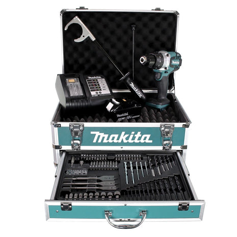 Makita DHP 481 SGX4 Akku Schlagbohrschrauber 18V 115Nm + 1x Akku 6,0Ah + Ladegerät + 70tlg. Bit Bohrer Set + Koffer