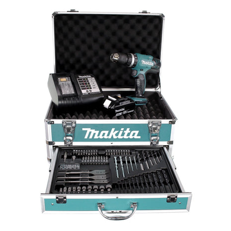 Taladro percutor inalámbrico Makita DHP 453 SMX4 18 V 42Nm + 1x batería 4,0Ah + cargador + 70 piezas. Juego de brocas + estuche