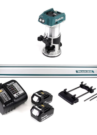 Fraiseuse multifonctionnelle à batterie Makita DRT 50 SF 18V sans balais + 2x batteries 3,0Ah + chargeur + adaptateur de rail de guidage + rail de guidage 1000mm