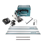 Makita DSP 600 STJ cordless plunge-cut saw 36V (2x 18V) brushless + 2x guide rail + rip fence + screw clamps + guide rail connector + 2x rechargeable battery 5.0Ah + charger + Makpac