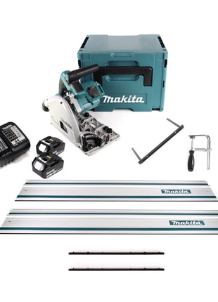 Makita DSP 600 STJ Akku Tauchsäge 36V (2x 18V) Brushless + 2x Führungschiene + Parallelanschlag + Schraubzwingen + Führungsschienenverbinder + 2x Akku 5,0Ah + Ladegerät  + Makpac