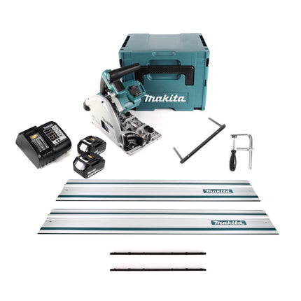 Makita DSP 600 STJ cordless plunge-cut saw 36V (2x 18V) brushless + 2x guide rail + rip fence + screw clamps + guide rail connector + 2x rechargeable battery 5.0Ah + charger + Makpac