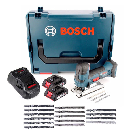 Bosch GST 18 V-LI S Akku Stichsäge 18V + 2x Akku 2,0Ah + Ladegerät + 18x Sägeblatt + L-Boxx