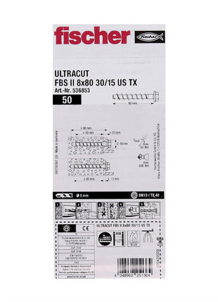 Fischer ULTRACUT FBS II tornillo para hormigón 8x80mm 30/15 200 piezas cabeza hexagonal SW13 arandela TX40 galvanizado (553686)