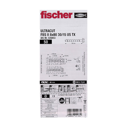 Fischer ULTRACUT FBS II tornillo para hormigón 8x80mm 30/15 200 piezas cabeza hexagonal SW13 arandela TX40 galvanizado (553686)
