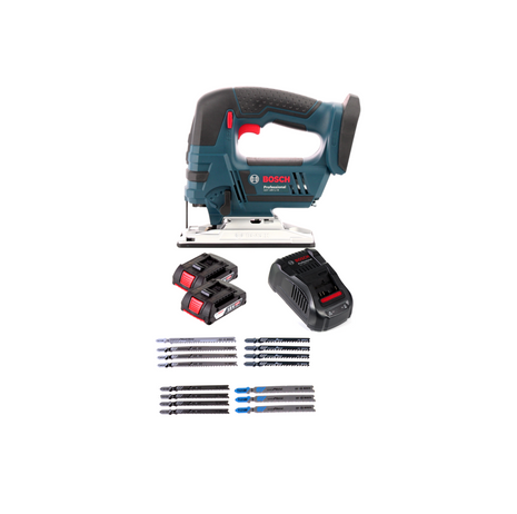 Bosch GST 18 V-LI S Akku Stichsäge 18V + Stichsägeblatt Set 15tlg. + 2 x Akku 2,0Ah + L-Boxx + Ladegerät