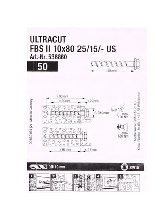 Fischer ULTRACUT FBS II Betonschrauben 10x80mm 25/15/- 50 Stk. Sechskantkopf SW15 ( 536860 ) + Makita NEMESIS 2 SDS-Plus 10x215mm ( B-58213 )