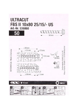 Tornillos para hormigón Fischer ULTRACUT FBS II 10x80mm 25/15/- 200 piezas Cabeza hexagonal SW15 (553687) + Makita NEMESIS 2 SDS-Plus 10x215mm (B-58213)