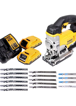 Sierra de calar a batería DeWalt DCS 331 D2 18V + 2x baterías 2.0Ah + cargador + 15x hoja de sierra de calar