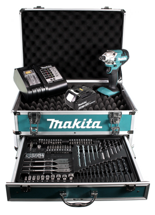 Makita DTD 156 SM1X4 Akku Schlagschrauber 18V 155Nm + 1x Akku 4,0Ah + Ladegerät + 70 tlg. Bit Bohrer Set + Alu Werkzeug Schubladen Koffer X4 mit Universaleinlage