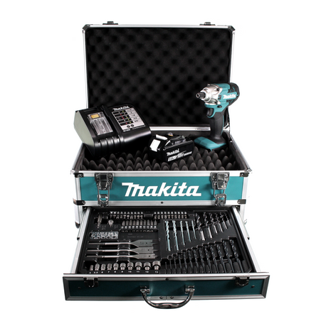 Makita DTD 156 ST1X4 Akku Schlagschrauber 18V 155Nm + 1x Akku 5,0Ah + Ladegerät + 70 tlg. Bit Bohrer Set + Alu Werkzeug Schubladen Koffer X4 mit Universaleinlage