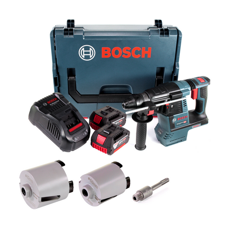 Marteau perforateur sans fil Bosch GBH 18V-26 18V 2,6J SDS plus brushless + 2x batteries 5,0Ah + chargeur + accessoires couronnes de douilles + L-Boxx