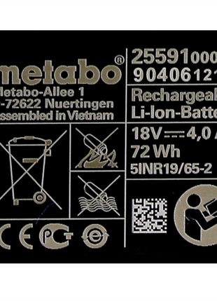 Batería Metabo Li-Power 18 V 4,0 Ah CAS Li-Ion (625591000) con indicador de nivel de carga