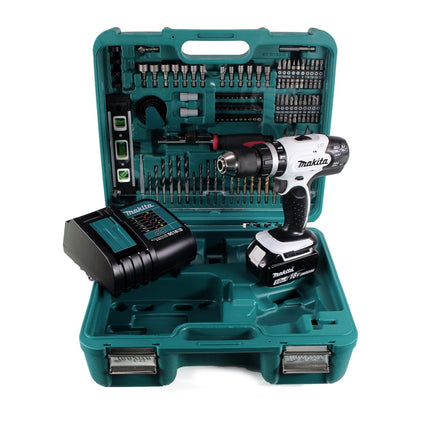 Makita DHP 453 SFTK W perceuse à percussion sans fil 18 V 42 Nm + 1x batterie 3,0 Ah + chargeur rapide + 101 pièces. Set d'accessoires + étui