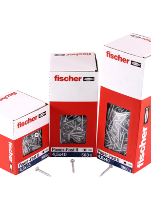 Fischer Power-Fast II FPF II tornillos para aglomerado 4,5x40 mm 500 piezas (670261) cabeza avellanada con rosca completa Torx, galvanizado, pasivado azul