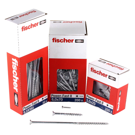 Fischer Power-Fast II FPF II Vis à bois aggloméré 6,0x200 mm, 50 pcs., tête fraisée, empreinte Torx, filetage partiel, zingué et passivé bleu ( 670696 )