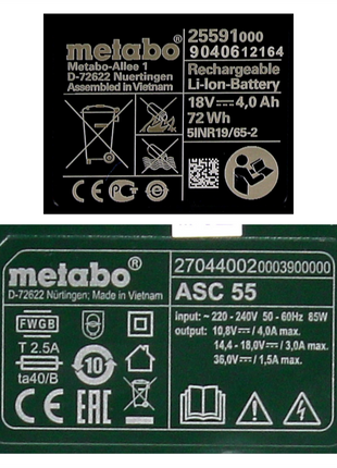 Metabo set básico 2x batería Li-Power 18 V 4,0 Ah CAS Li-Ion (2x 625591000) + cargador ASC 55 (627044000)