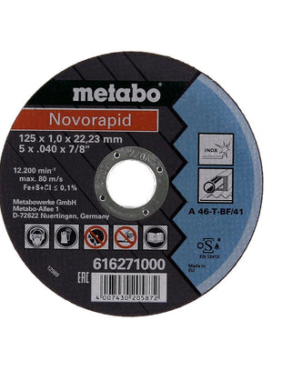 Disco de corte Metabo Novorapid TF41 acero inoxidable 125x22,23 mm 25 piezas (25x 616271000) para amoladoras angulares