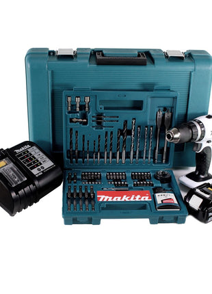 Makita DHP 453 SFTK W Perceuse-visseuse à percussion sans fil 18V 42Nm + 1x Batterie 3,0Ah + Chargeur rapide + 100x pièces Ensemble foret + Coffret de transport