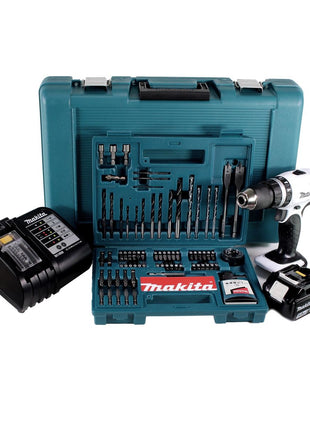 Makita DHP 453 STTK W Taladro percutor inalámbrico 18 V 42Nm + 1x batería 5,0Ah + cargador + juego de brocas de 100 piezas + estuche