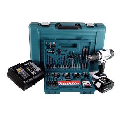 Makita DHP 453 STTK W Akku Schlagbohrschrauber 18V 42Nm + 1x Akku 5,0Ah + Ladegerät + 100 tlg. Bit Bohrer Set + Koffer