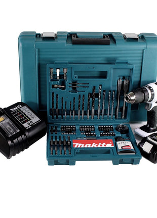 Makita DHP 453 SGTK W Taladro percutor inalámbrico 18 V 42Nm + 1x batería 6,0Ah + cargador + juego de brocas de 100 piezas + estuche