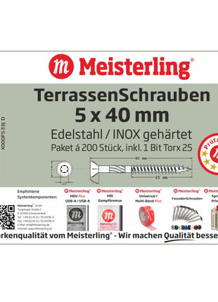 Meisterling Vis de terrasse 5x40 mm - 200 pièces (010010000001) CUT point 90 ° tête fraisée à tête fraisée avec Torx 2/3 gros filetage VA acier inoxydable