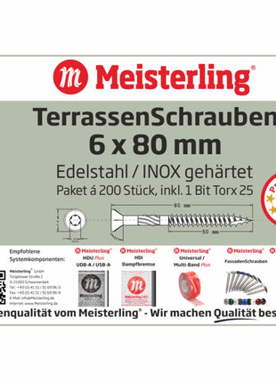 Meisterling Vis de terrasse 6x80 mm - 200 pièces (010010000041) CUT point 90 ° tête fraisée à tête fraisée avec Torx 2/3 gros filetage VA acier inoxydable